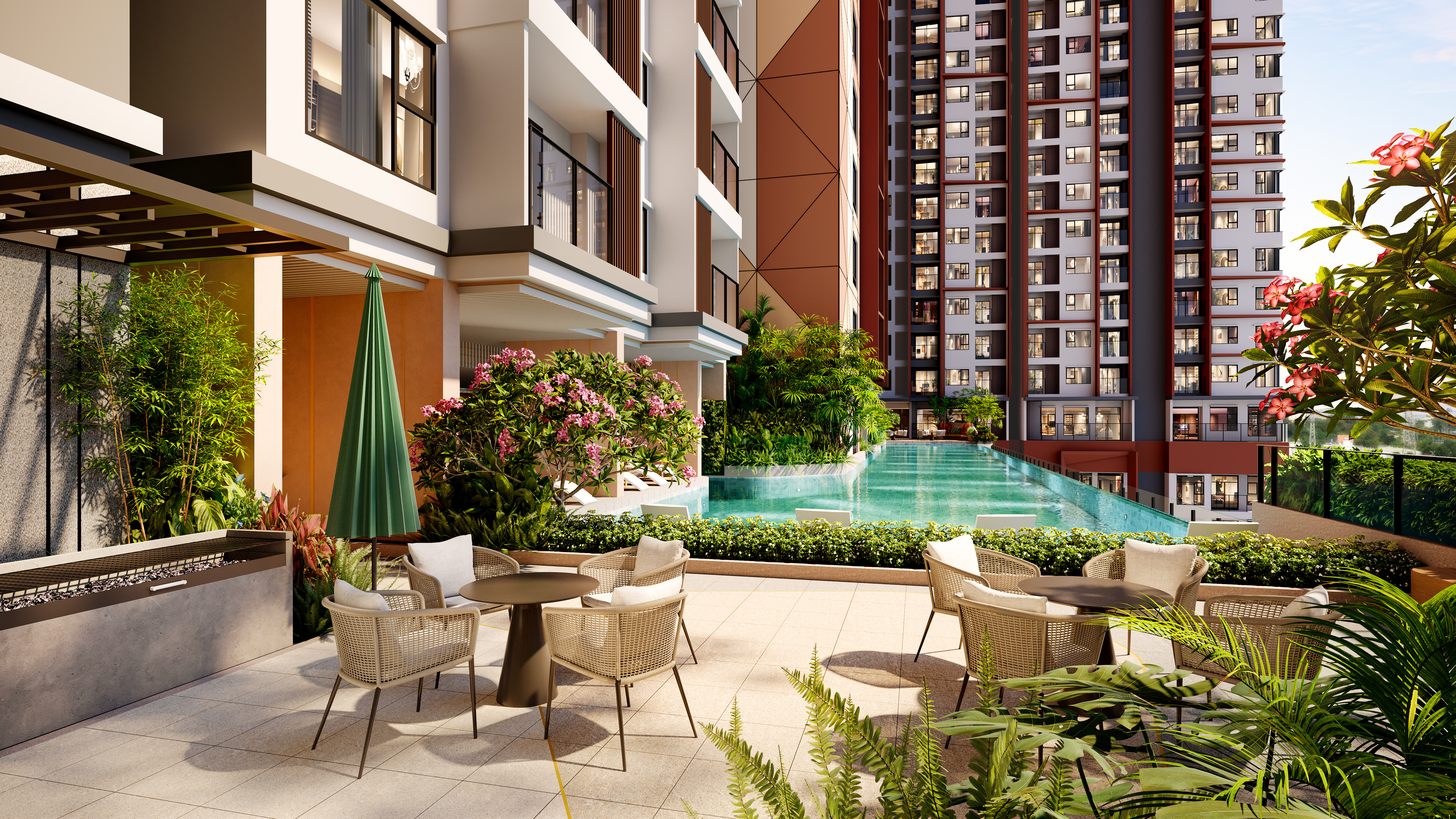 Khu BBQ và hồ bơi trong hệ tiện ích nội khu SkySOLIS