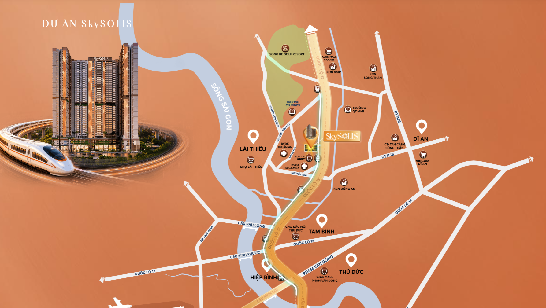 Sơ đồ kết nối SkySOLIS với Quốc lộ 13 và định hướng metro trong tương lai