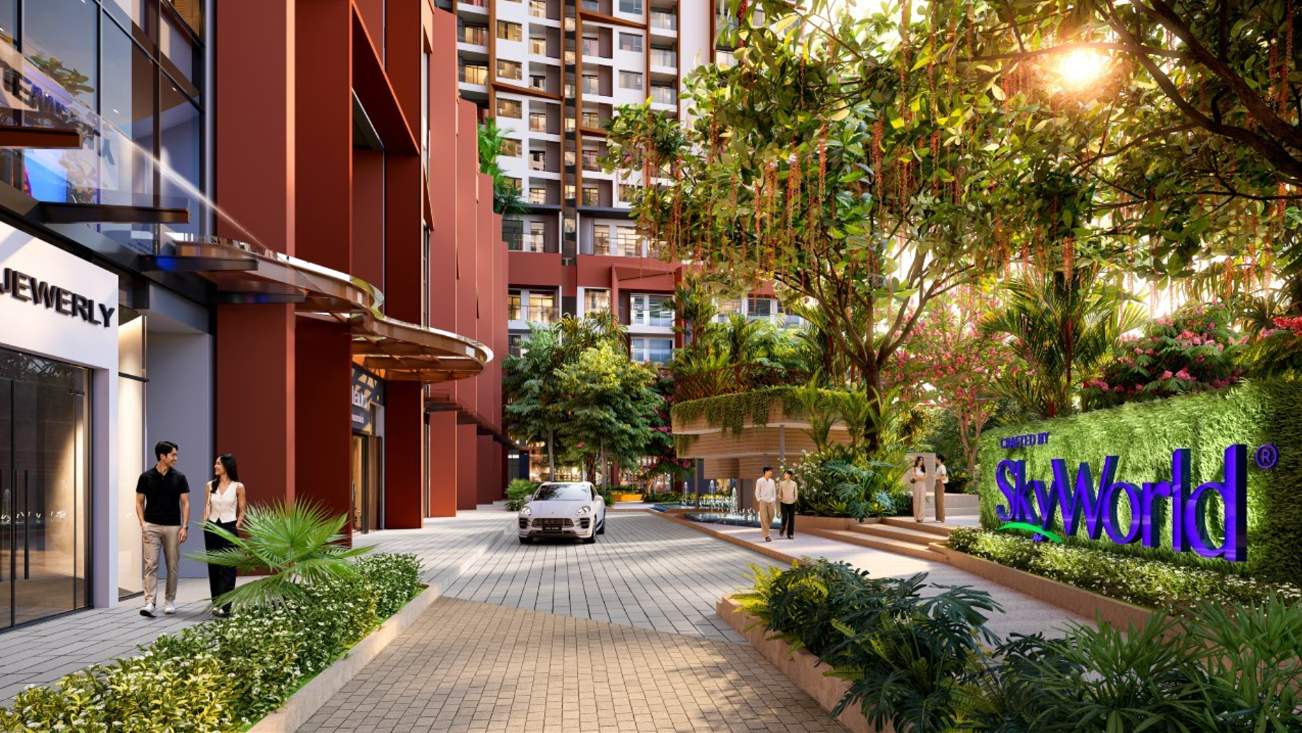 Khu shophouse, đường nội khu và cảnh quan xanh tại dự án SkySOLIS Thuận An, Bình Dương